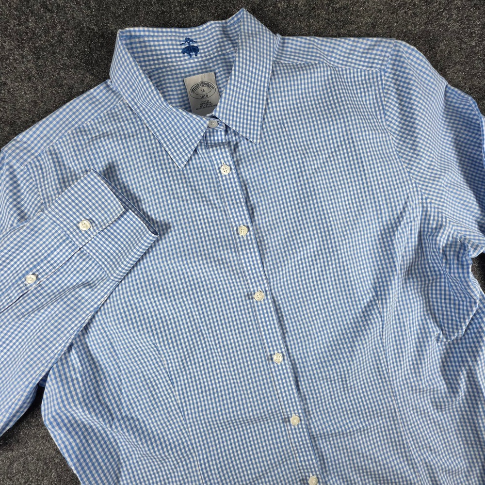 Brooks Brothers Fitted Non-Iron Button Down Shirt Womens 16 Blue Gingham Cotton